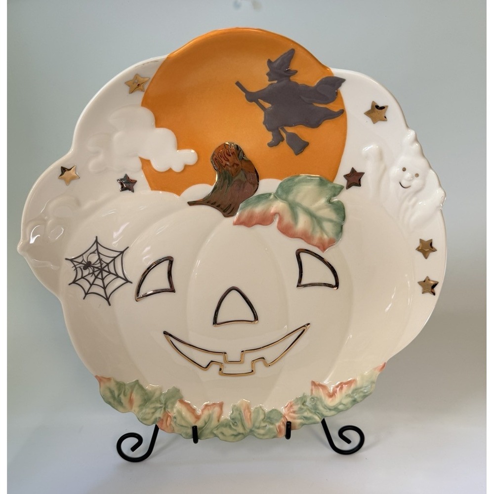 Lenox Occasions Jack-O-Lantern 11" Large Low Halloween Candy Dish Spider Witch